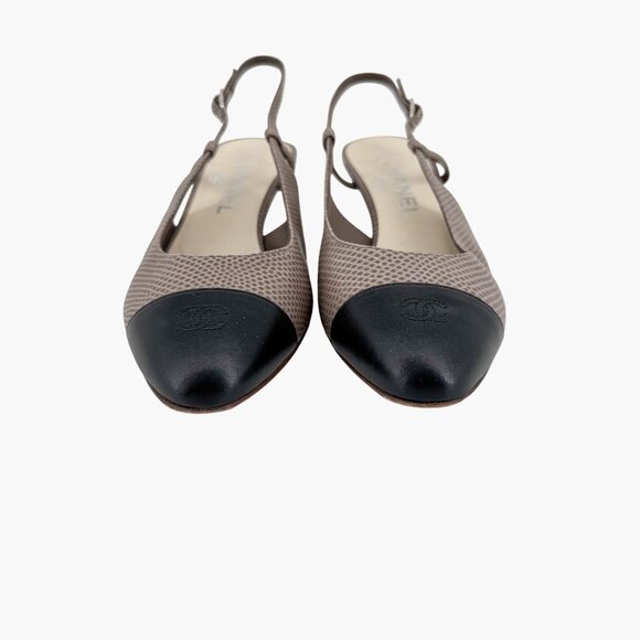 Chanel CC Cap Toe Slingback Kitten Pumps Heels Taupe Leather Size 38 US 7-7.5 - Picture 5 of 16